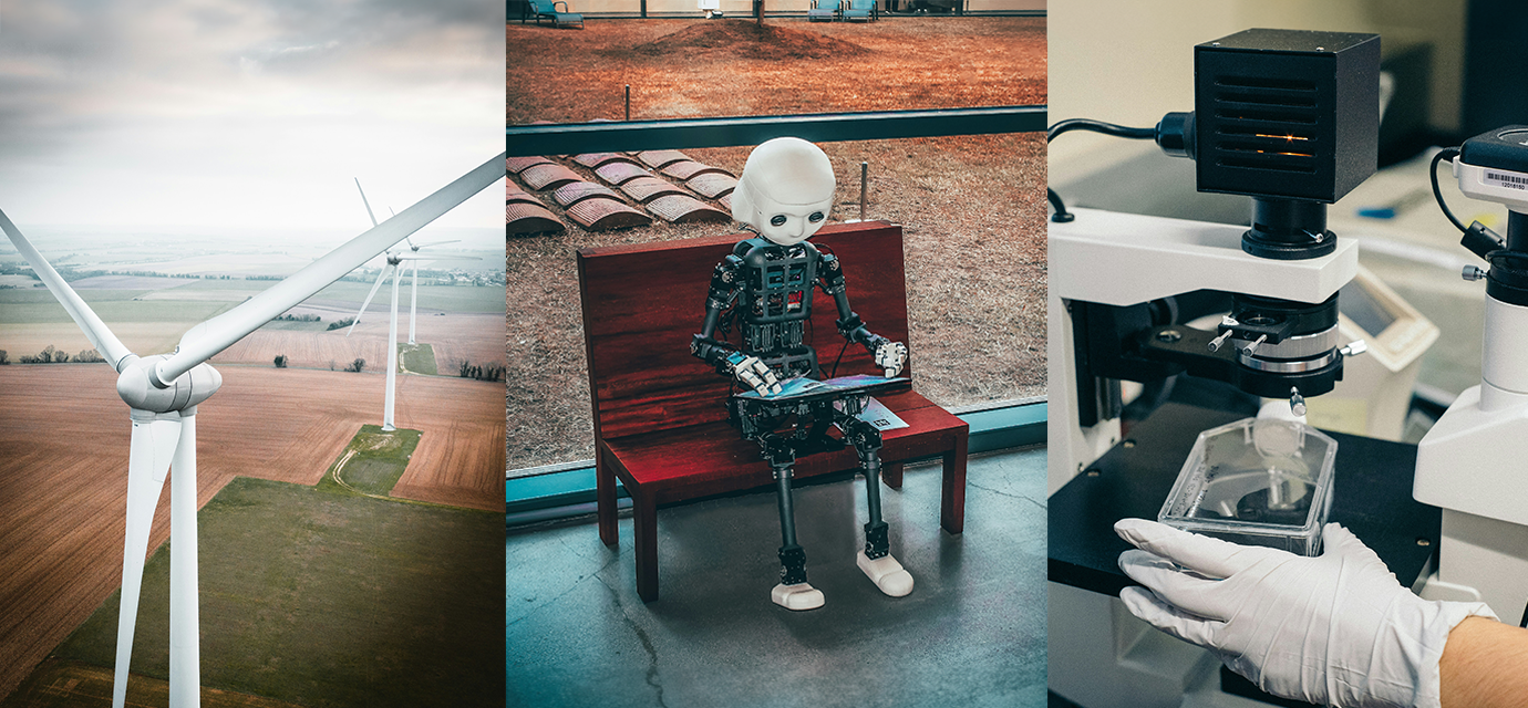 three images side by side, from left to right: a wind turbine, a model robot on a chair, and a gloved hand conducting medical research.