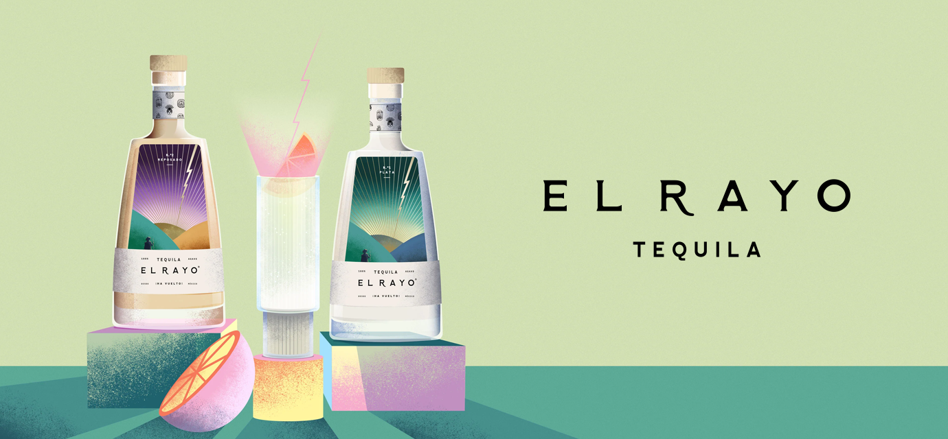 A branded image showing two bottles of El Rayo Tequila, half a lemon, and a cocktail glass on a green background, with the words El Rayo Tequila on the right.