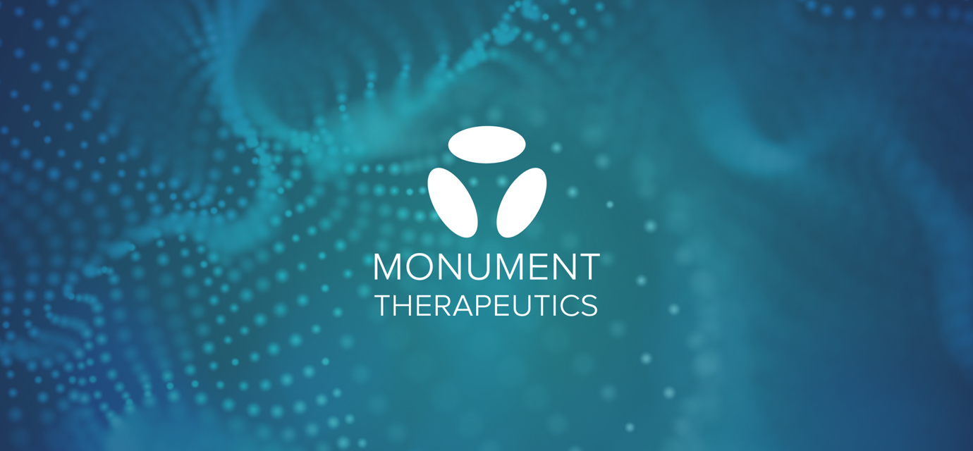 Monument Therapeutics logo in white on a blue and green background